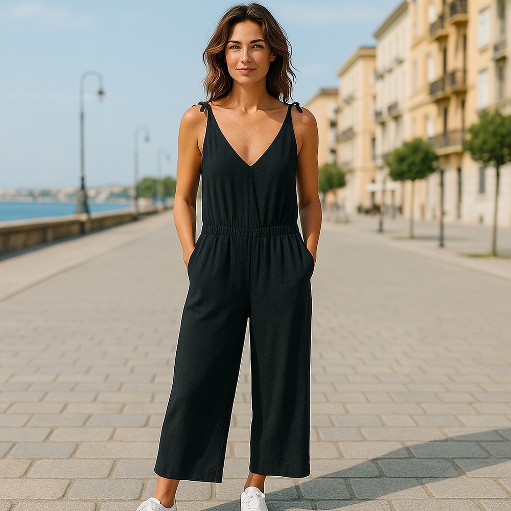 Just Living Linen Blend Sleeveless Plunging V-Neck Wide Leg Black Jumpsuit
